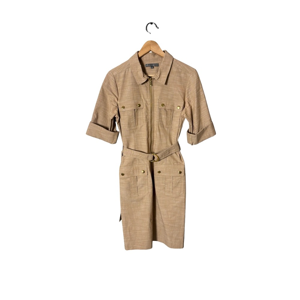 Sharagano Utility Safari Dress Size 10 Tan Belted Zip Front Cotton Blend
